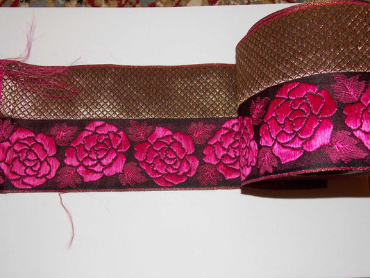 1m 100mm pink & gold flower jacquard embroidered ribbon