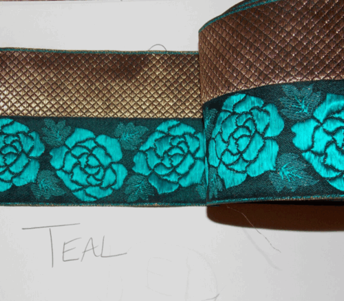 1m 100mm teal & gold flower jacquard embroidered ribbon