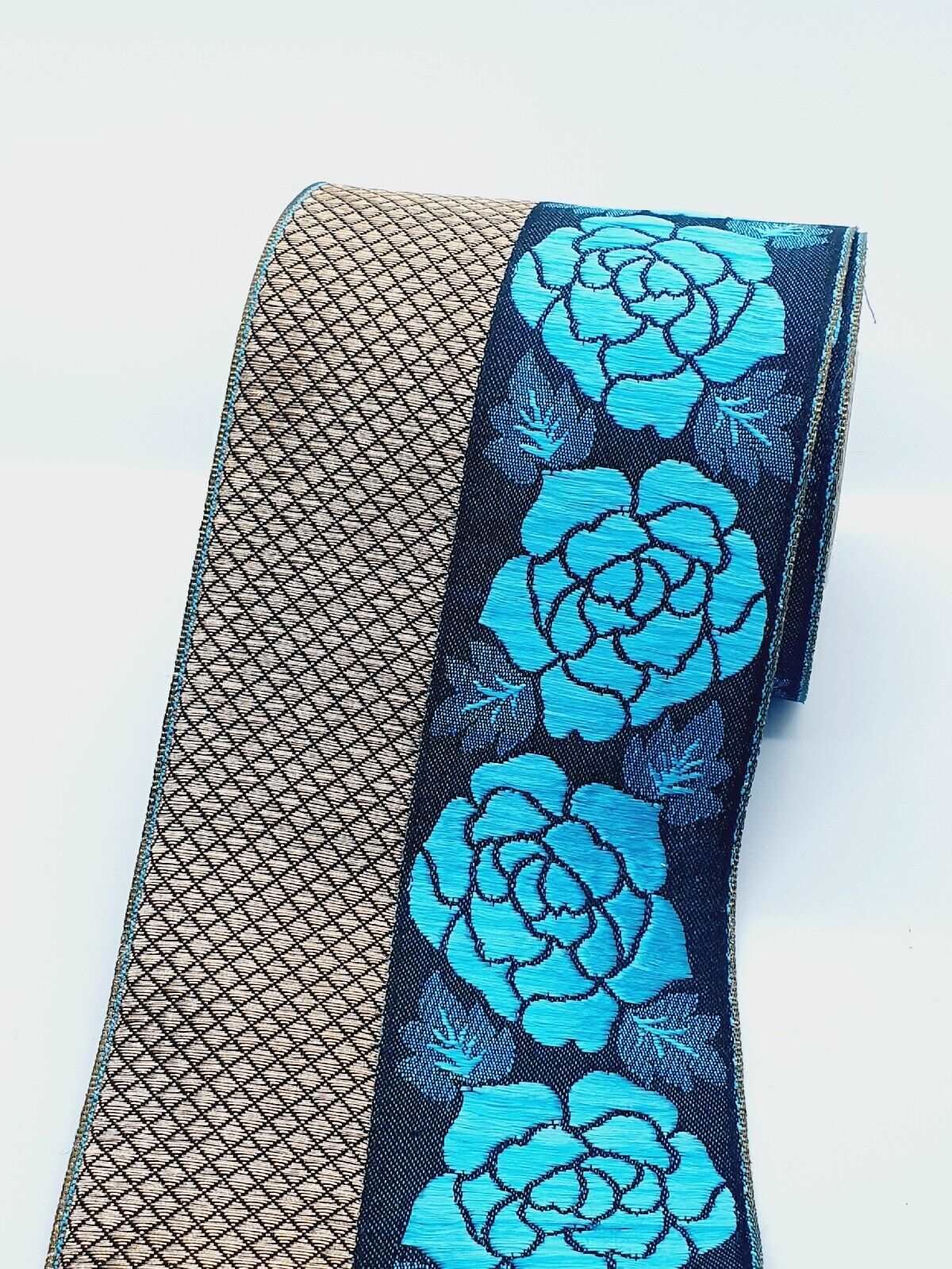 1m 100mm light blue & gold flower jacquard embroidered ribbon