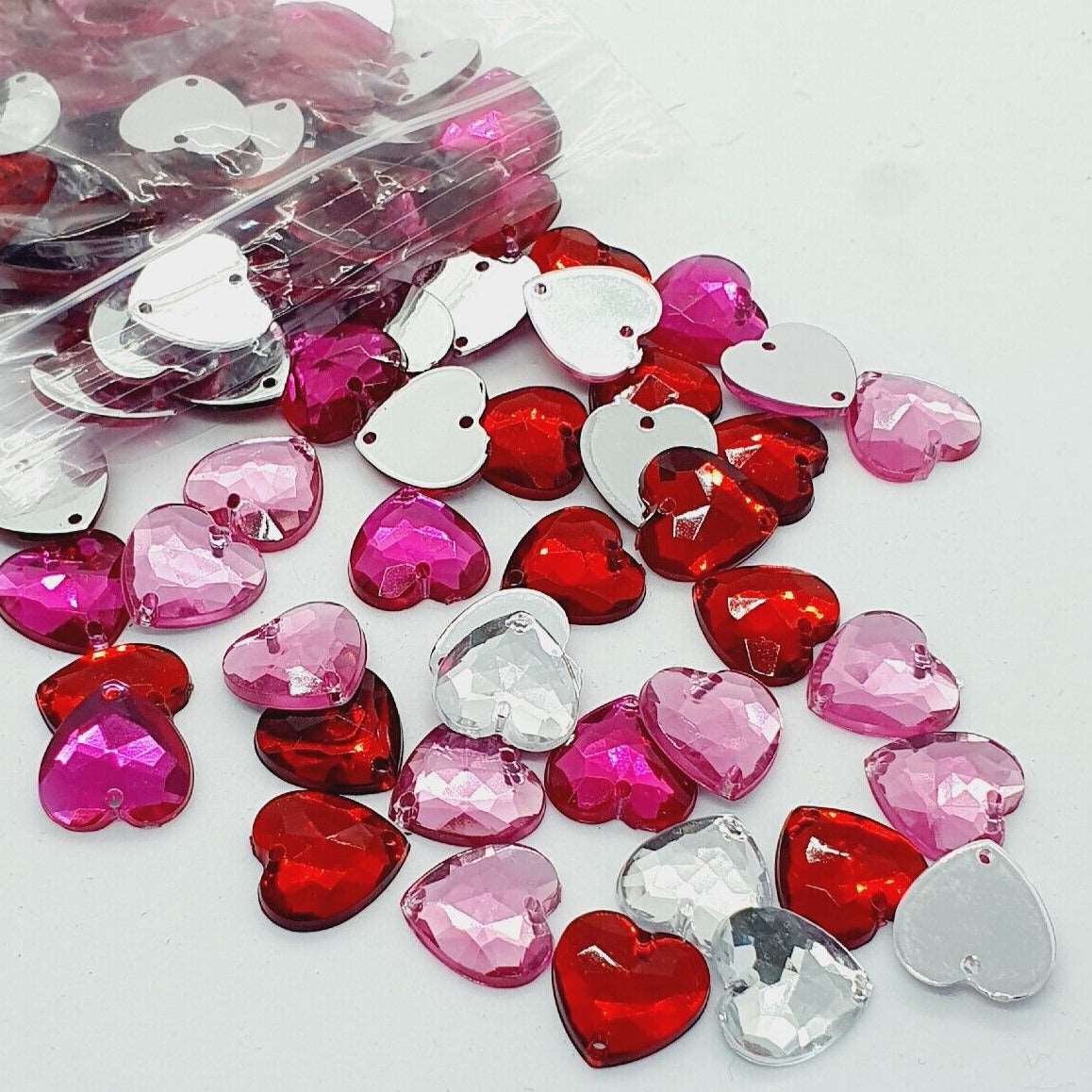 10x 14mm red, pink, clear acrylic sew on rhinestone gem heart