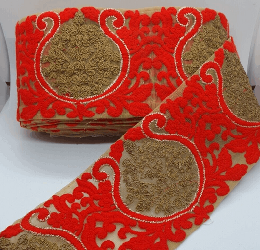 1x 11cm RED GOLD flower FOLK indian embroidered ribbon