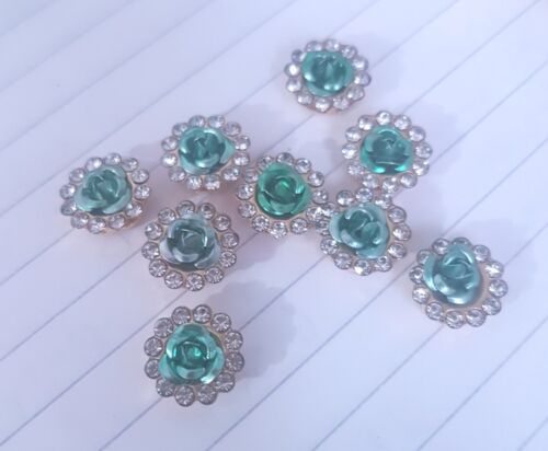 5x 12mm clear & mint crystal metal ROSE gem sew on jewel rhinestone button