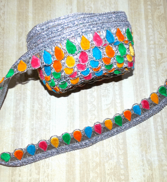 1m 32mm silver multi colour MULTI embroidered ribbon BRAID