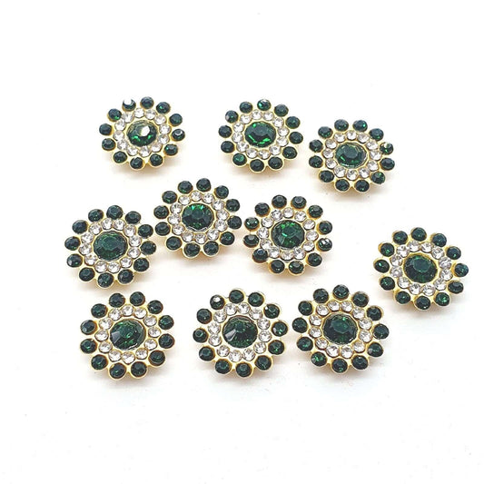 5x 14mm WHITE/ GREEN crystal gem sew on jewel rhinestone button