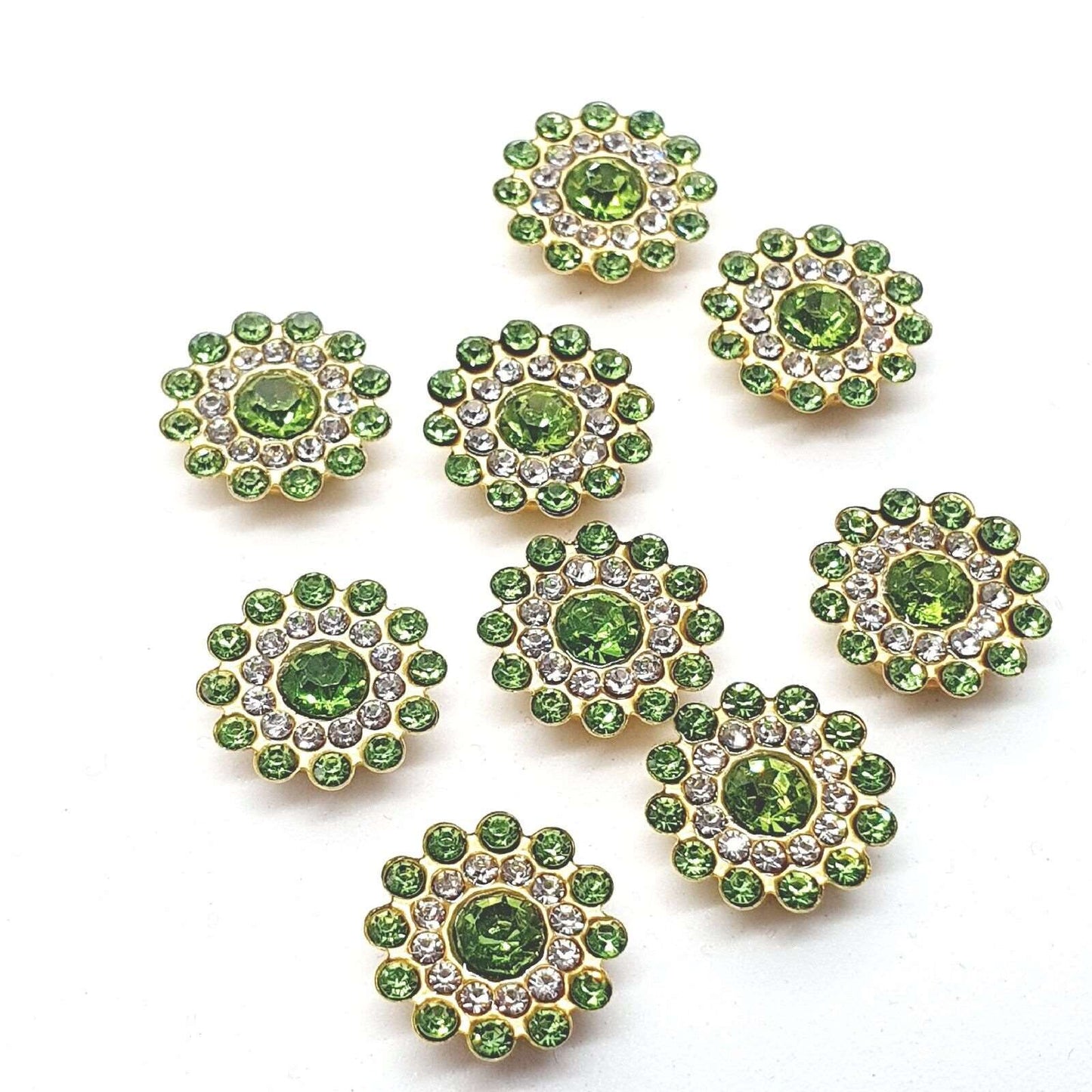 5x 14mm WHITE/ LIME GREEN crystal gem sew on jewel rhinestone button