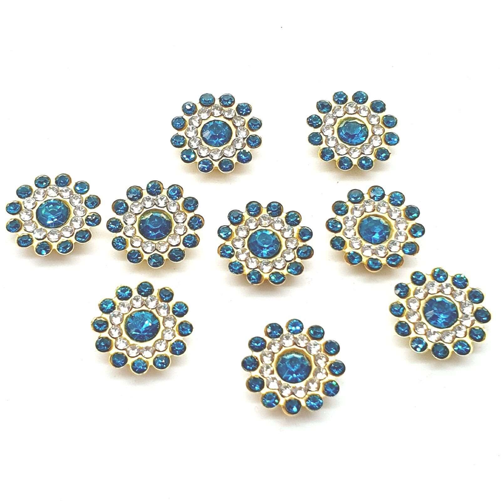 5x 14mm WHITE/ TEAL crystal gem sew on jewel rhinestone button