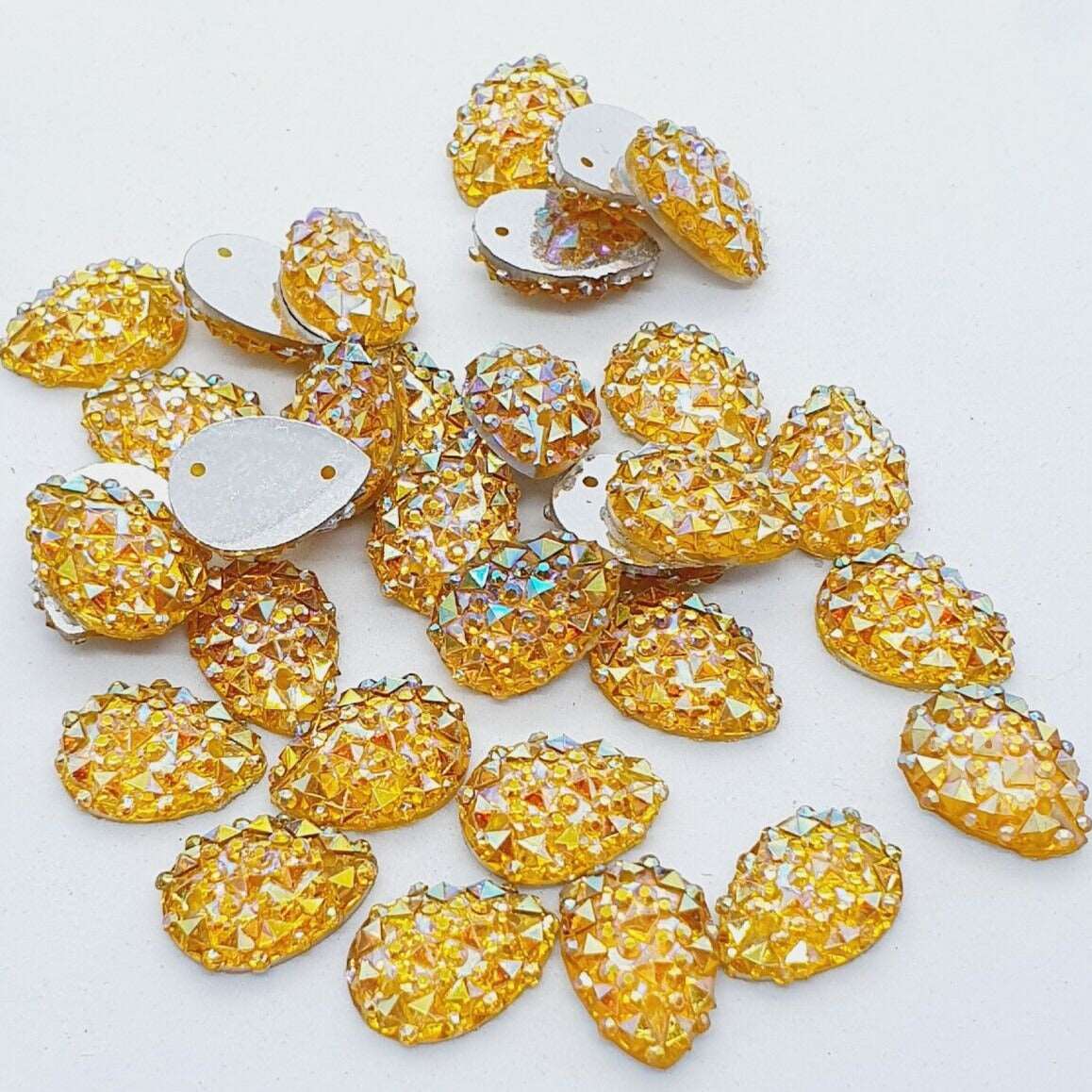 10x 14mm yellow AB textured acrylic sew on rhinestone gem pear drop