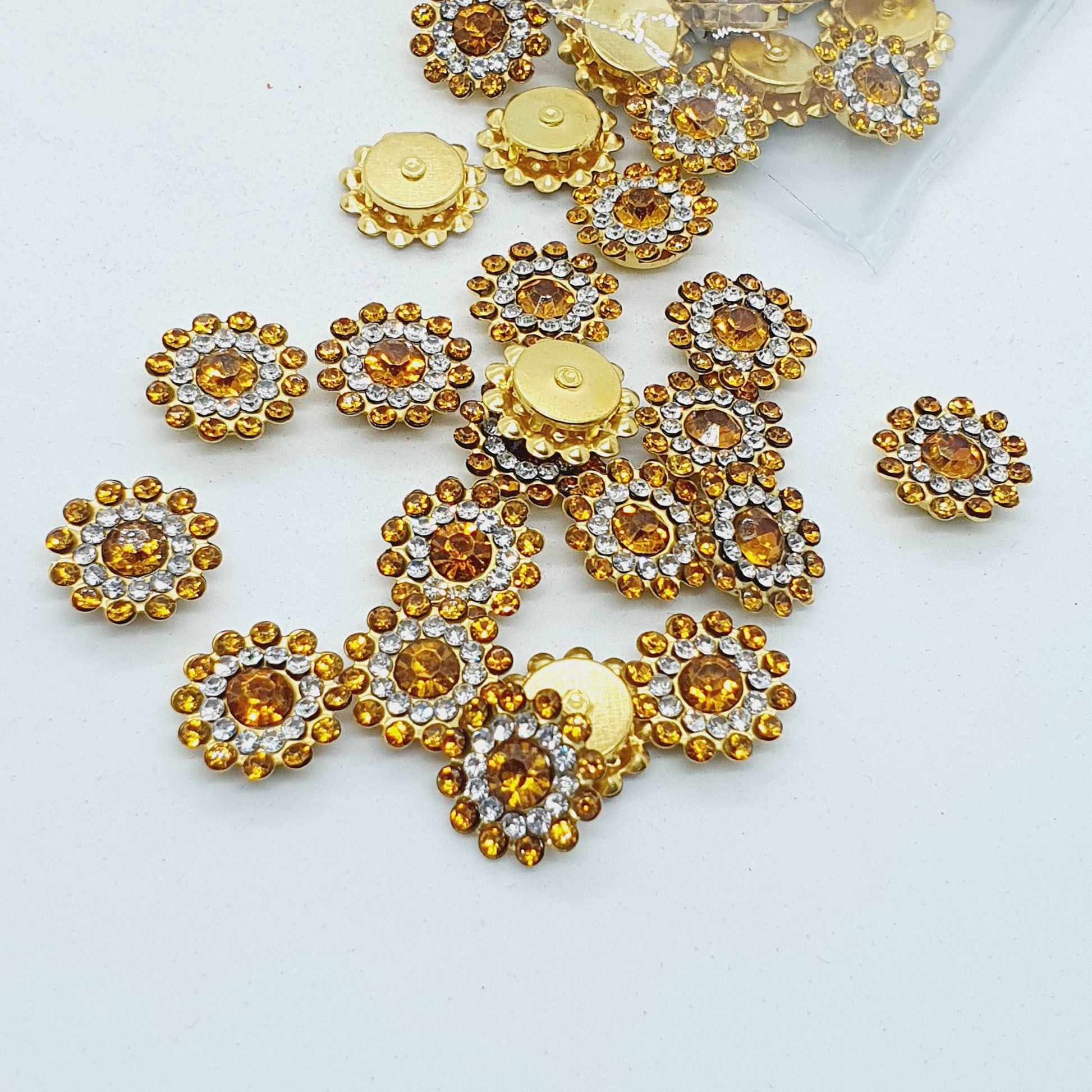 5x 14mm GOLD crystal gem sew on jewel rhinestone button