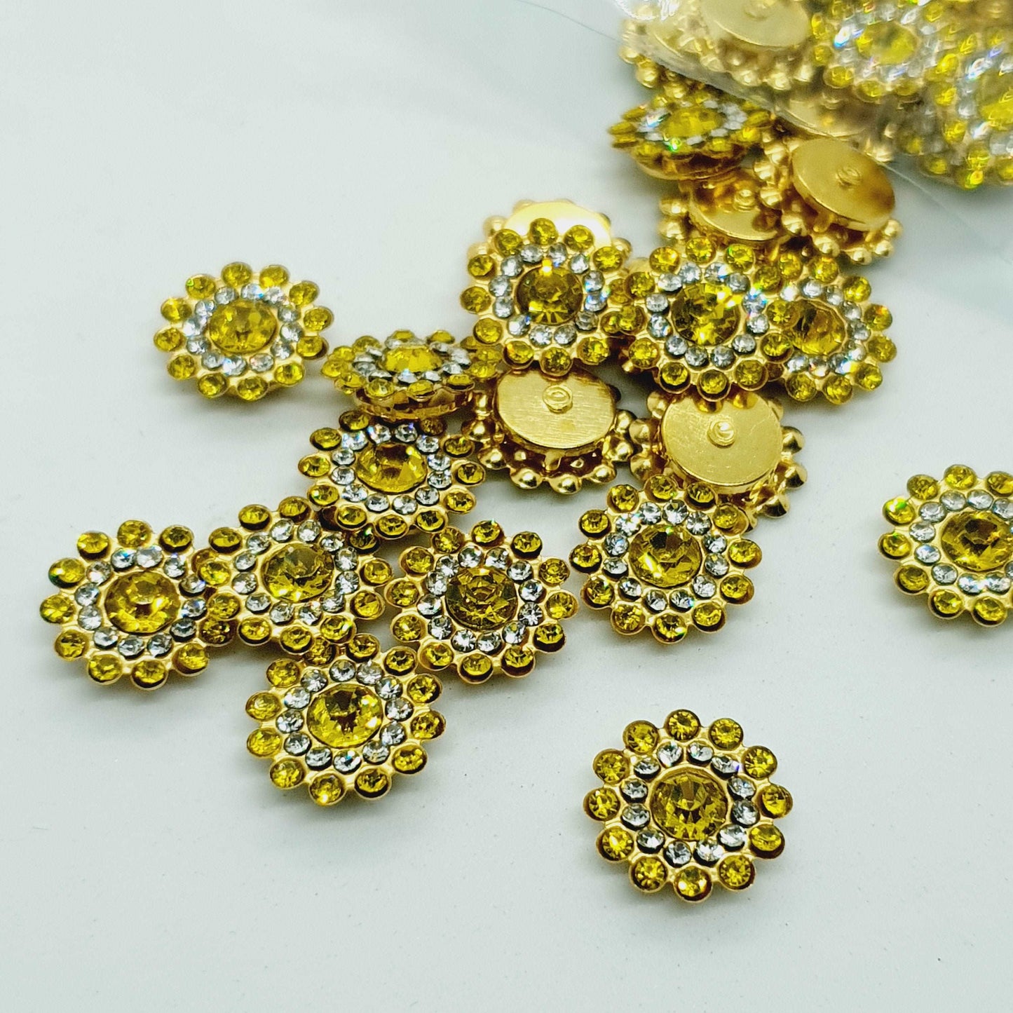 5x 14mm YELLOW crystal gem sew on jewel rhinestone button