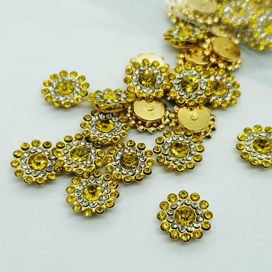 5x 14mm YELLOW crystal gem sew on jewel rhinestone button