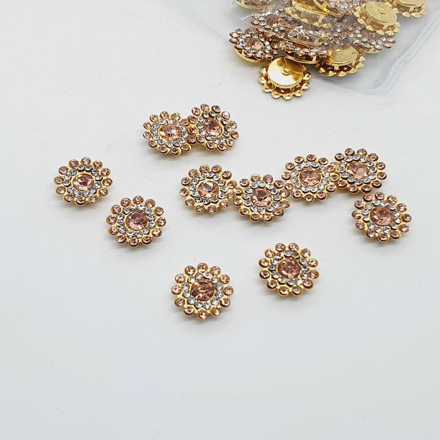 5x 14mm PEACH crystal gem sew on jewel rhinestone button