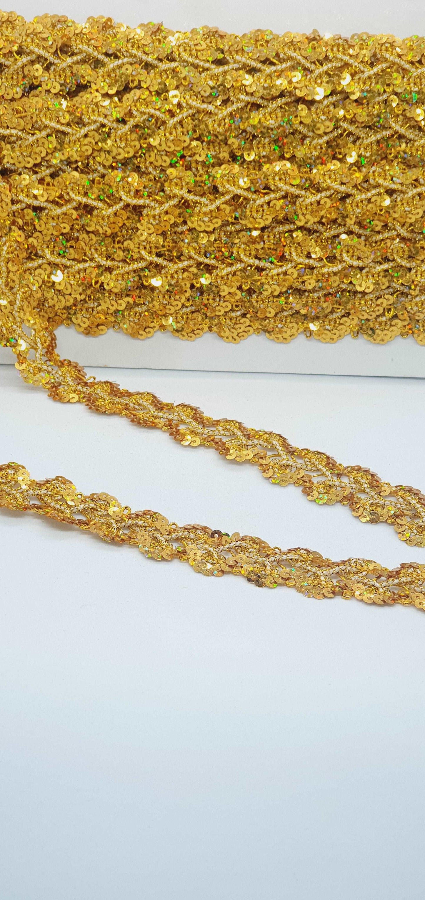 1m gold hologram sequin braid trim ribbon lace bridal 25mm