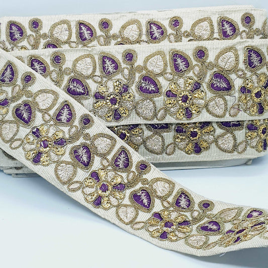 1m 7cm purple & gold  embroidered ribbon border BRAID