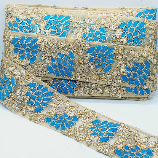 1m 7cm turquoise gold crystal embroidered ribbon BRAID