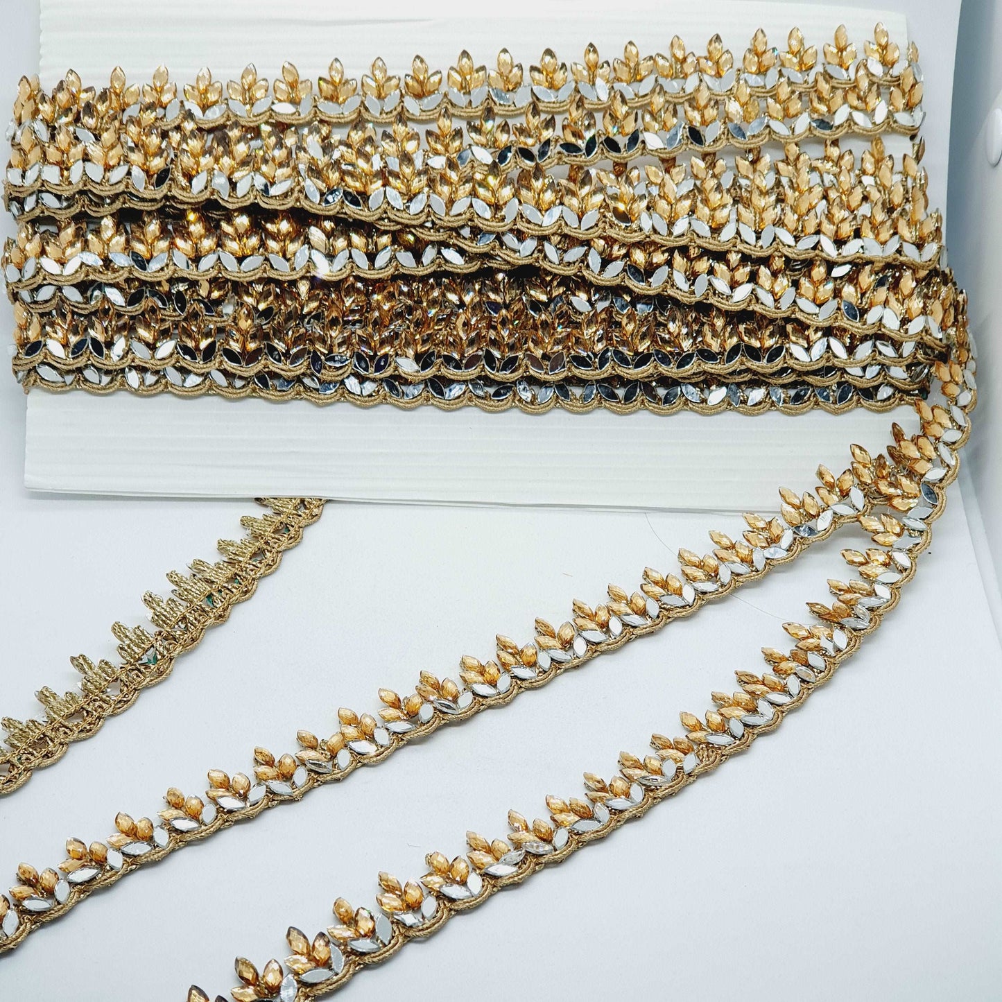 1m 20mm Metallic gold braid with gold crystals & mirror