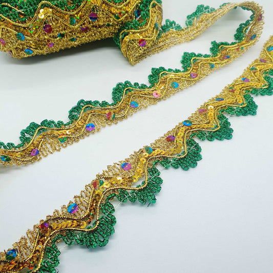 35mm metallic green & gold rainbow hologram sequin looped edge braid trimming