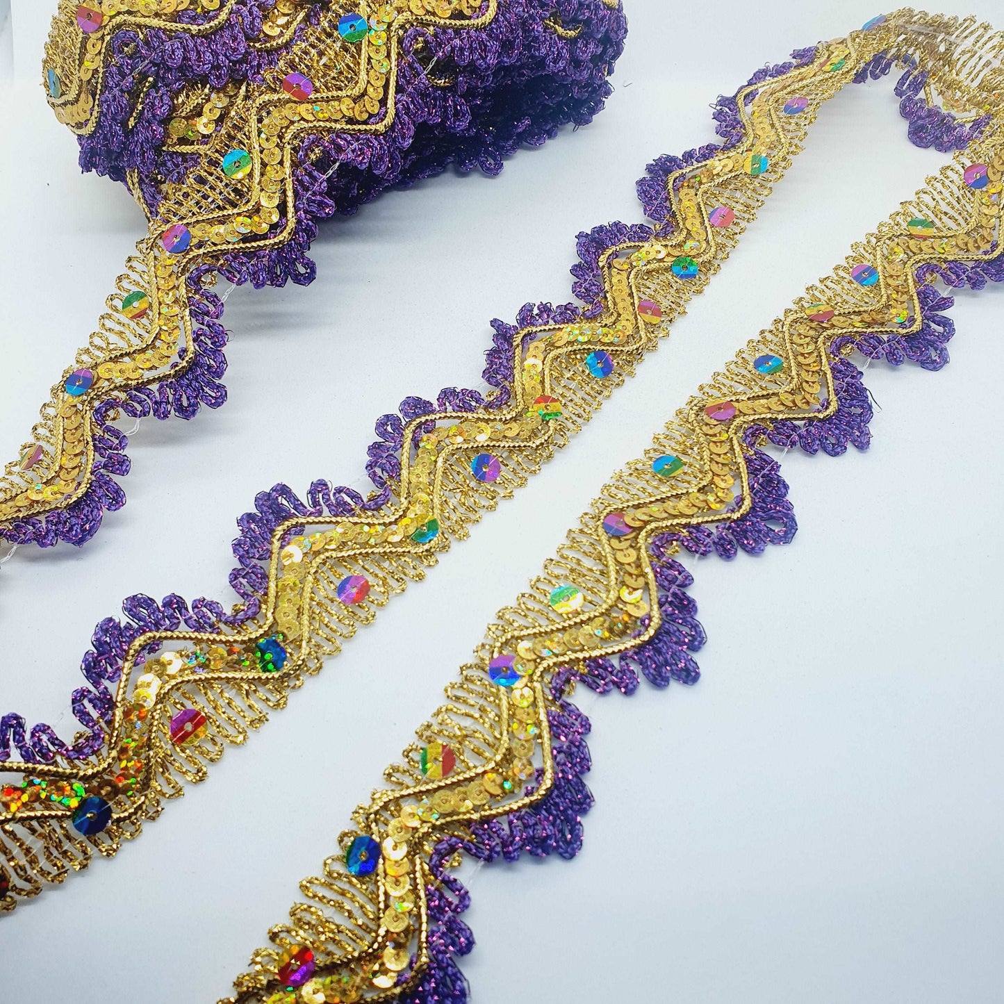 35mm metallic purple & gold rainbow hologram sequin looped edge braid trimming