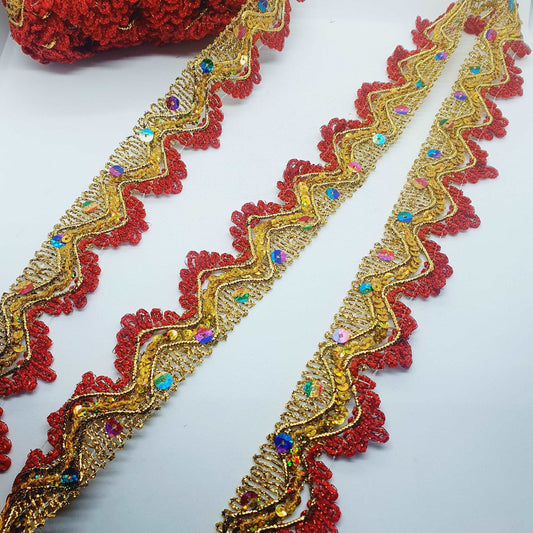 35mm metallic red & gold rainbow hologram sequin looped edge braid trimming