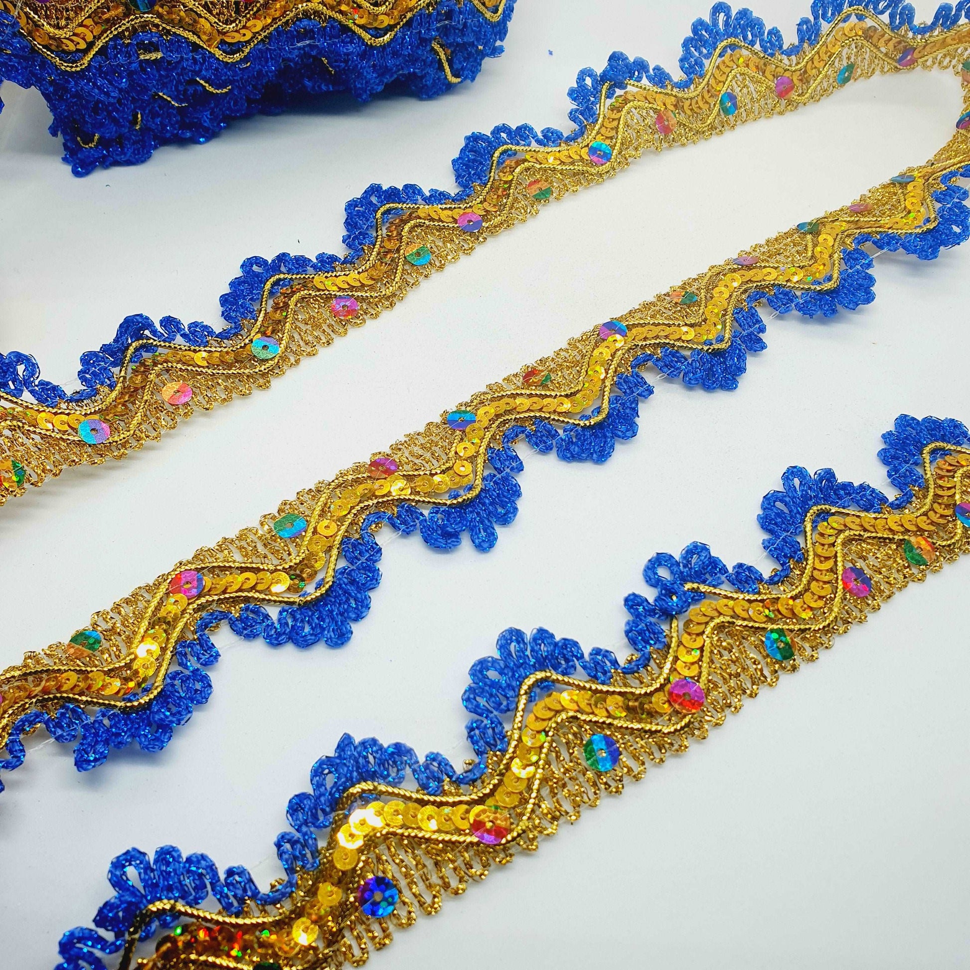 35mm metallic blue & gold rainbow hologram sequin looped edge braid trimming