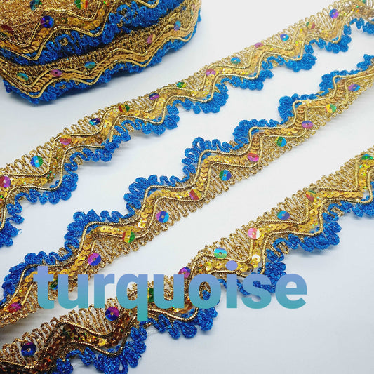 35mm metallic turquoise blue & gold rainbow hologram sequin looped edge braid trimming