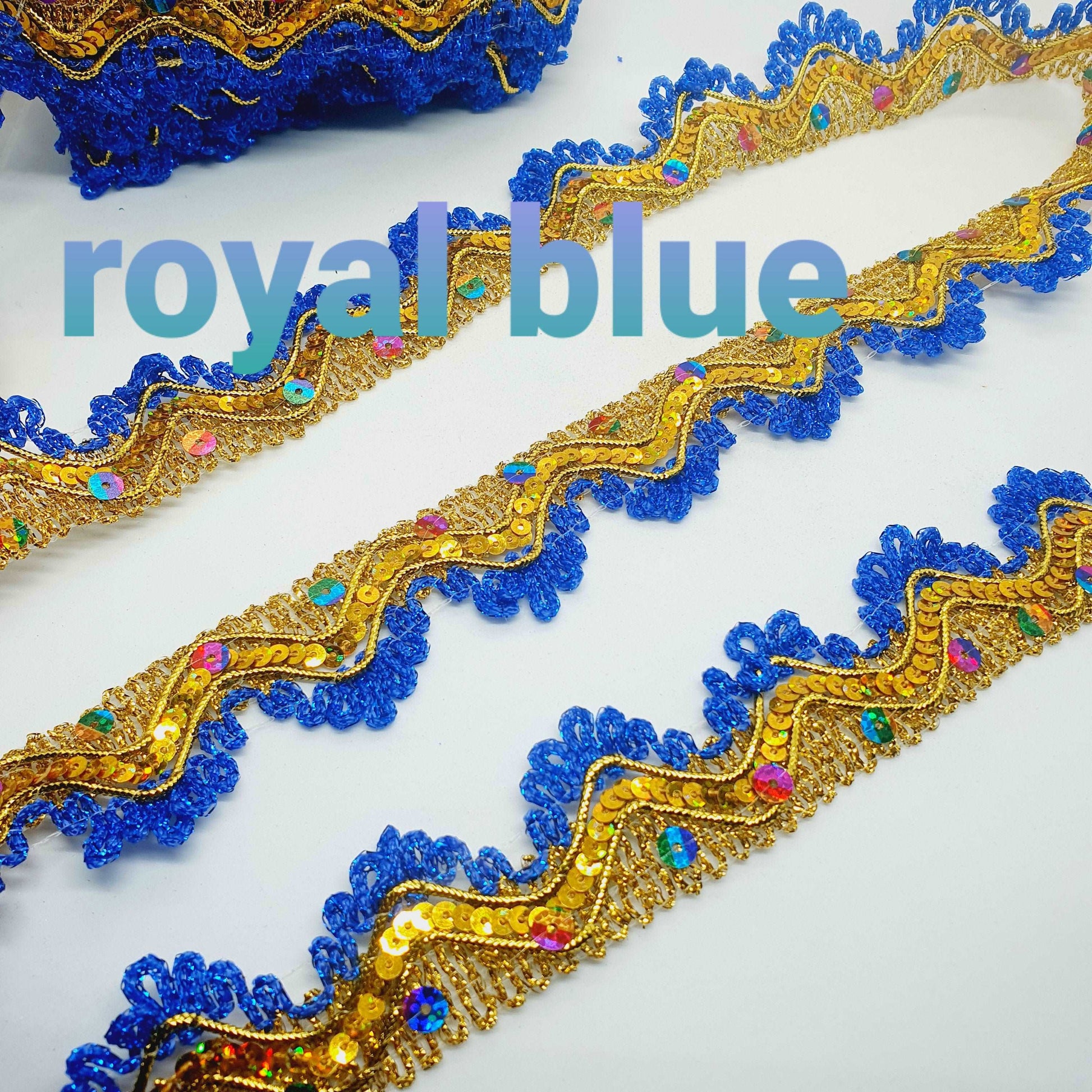 35mm metallic blue & gold rainbow hologram sequin looped edge braid trimming