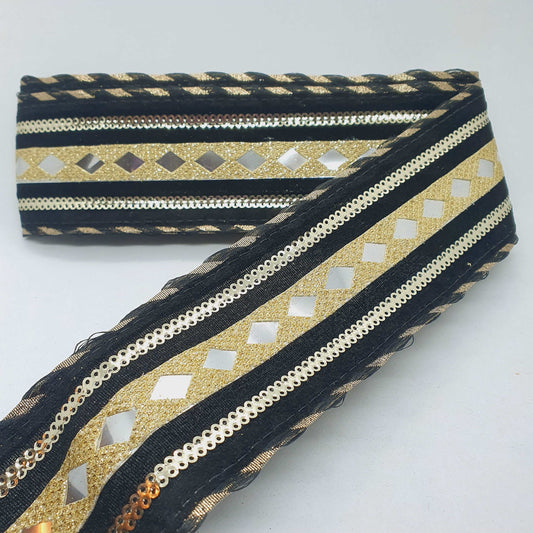 1m black gold shisha foil mirror Indian embroidered velvet ribbon 60mm