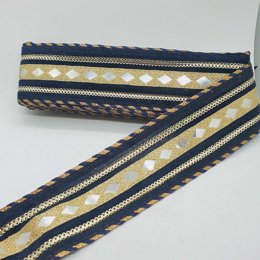 1m navy gold shisha foil mirror Indian embroidered velvet ribbon 60mm