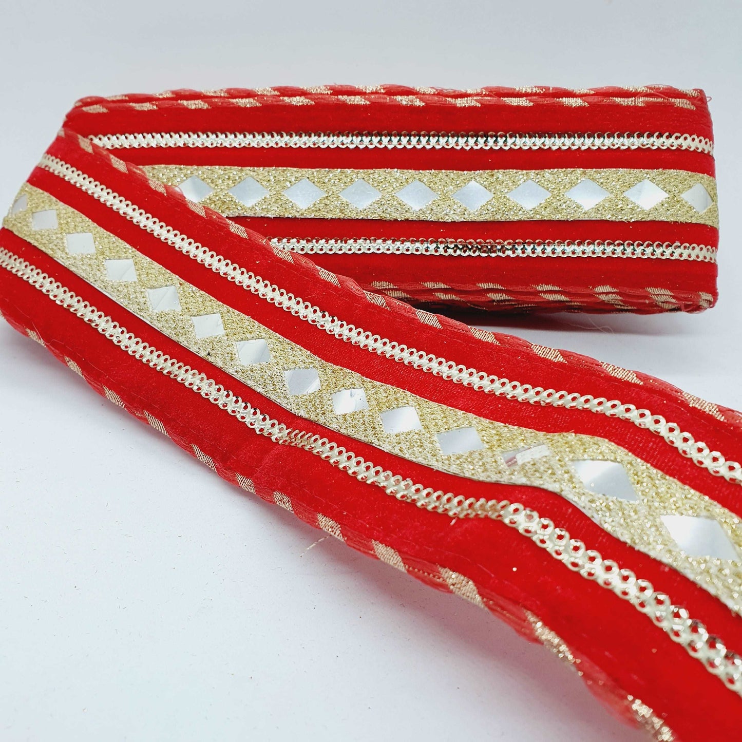 1m bright red gold shisha foil mirror Indian embroidered velvet ribbon 60mm