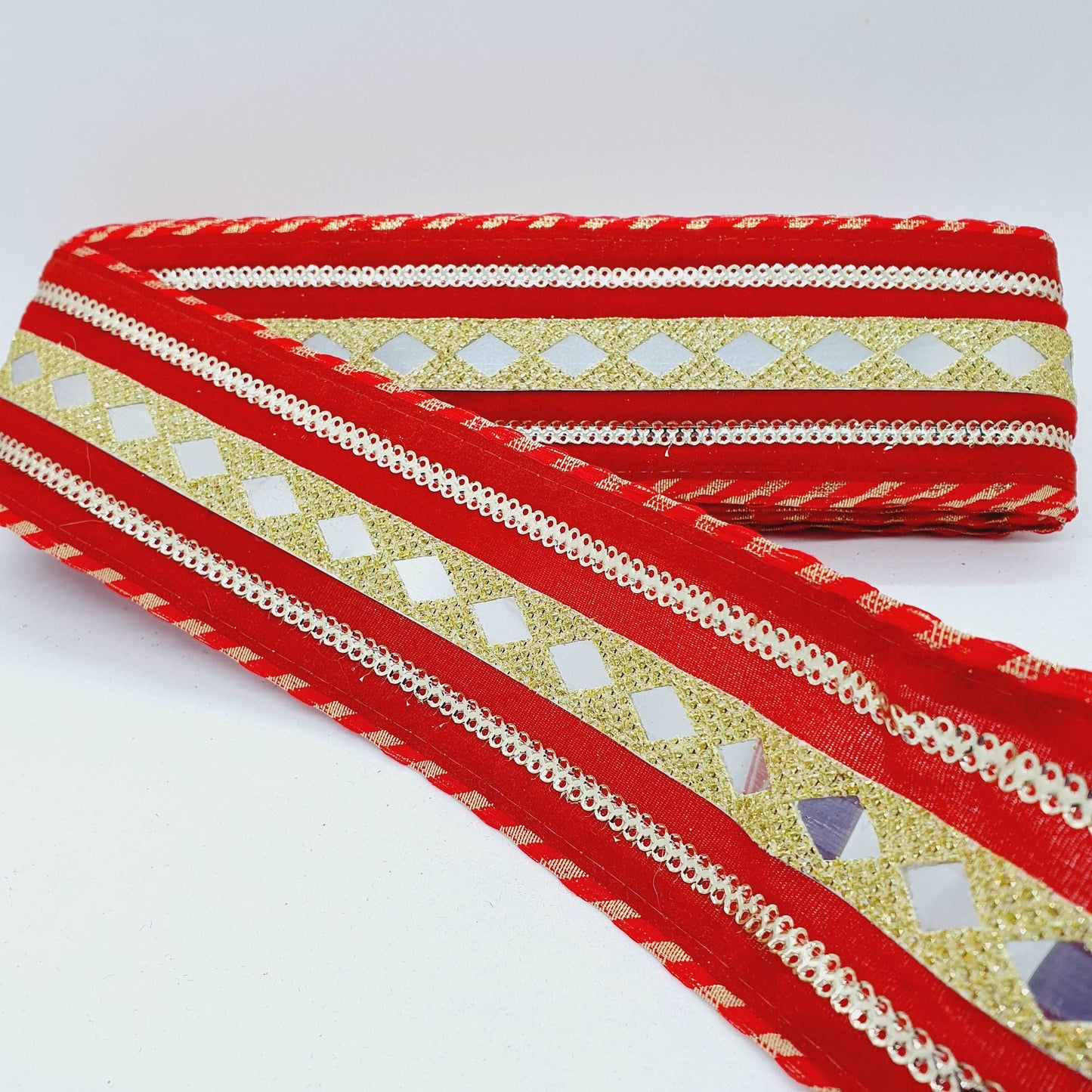 1m red gold shisha foil mirror Indian embroidered velvet ribbon 60mm