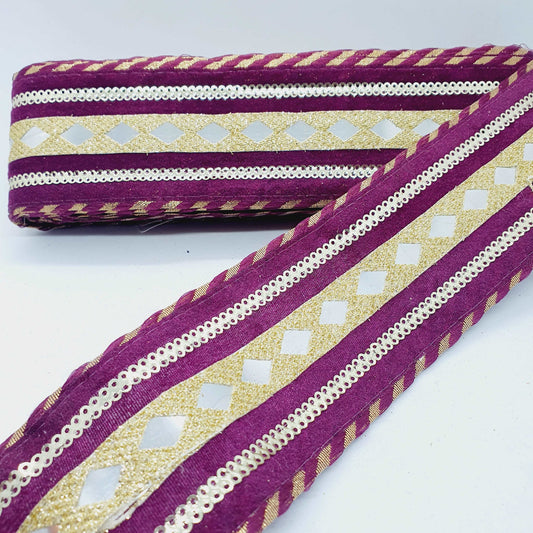 1m plum purple gold shisha foil mirror Indian embroidered velvet ribbon 60mm