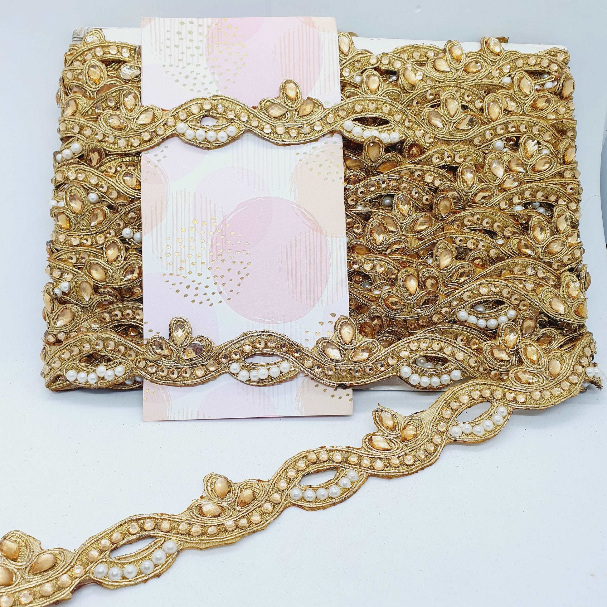 1m 2.5cm Metallic gold crystal and pearl lace applique