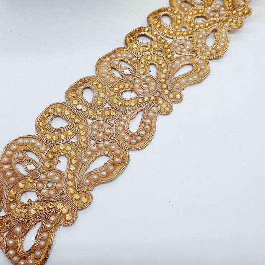 1m 7cm Metallic deep gold lace applique with pearls, crystals and mirror