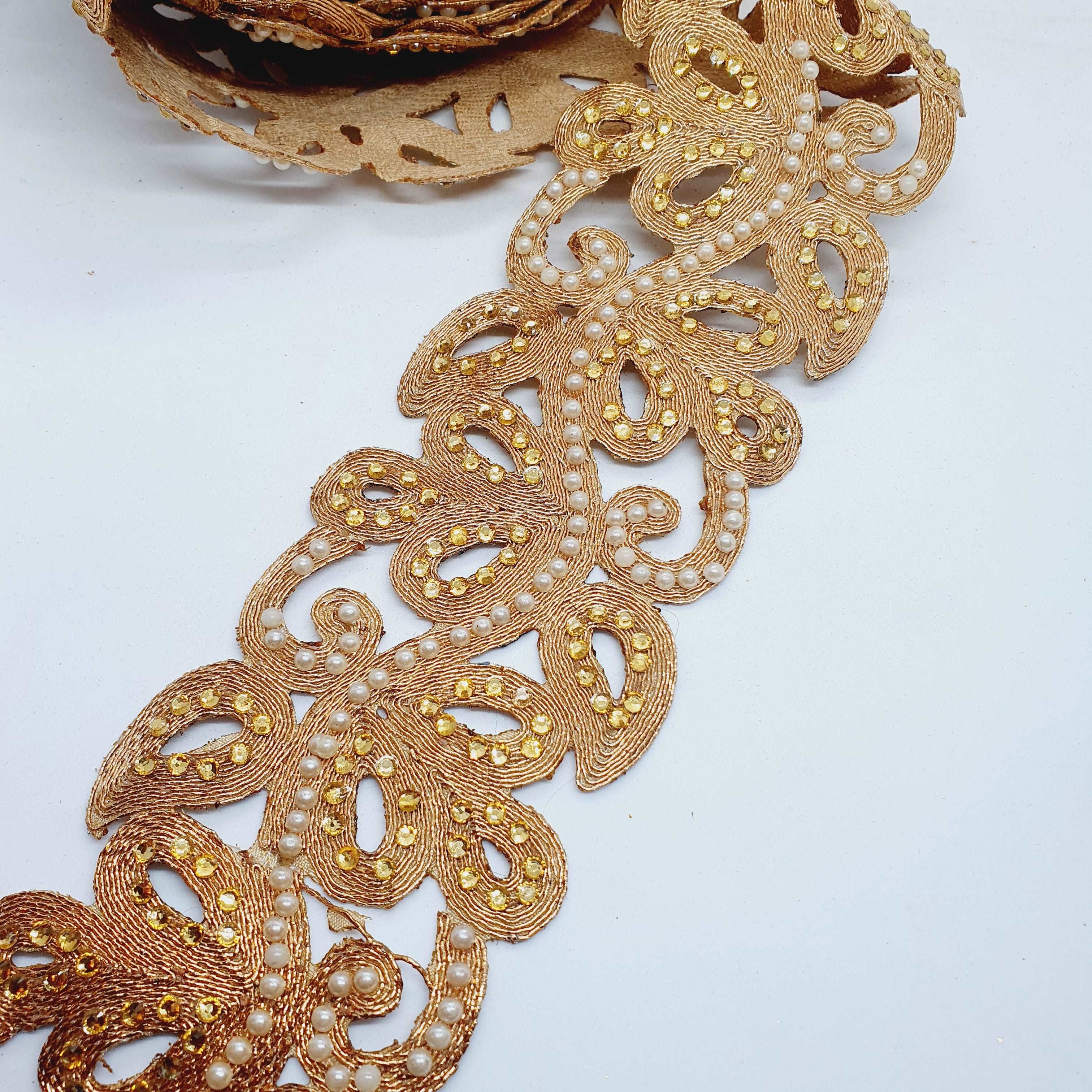 1m 8cm Metallic deep gold lace applique with pearls and crystals