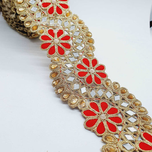 1m 6cm Metallic gold and red flower lace applique with crystals, pearls and mirror