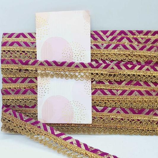 20mm fuschia pink & metallic gold braid embroidered ribbon trimming