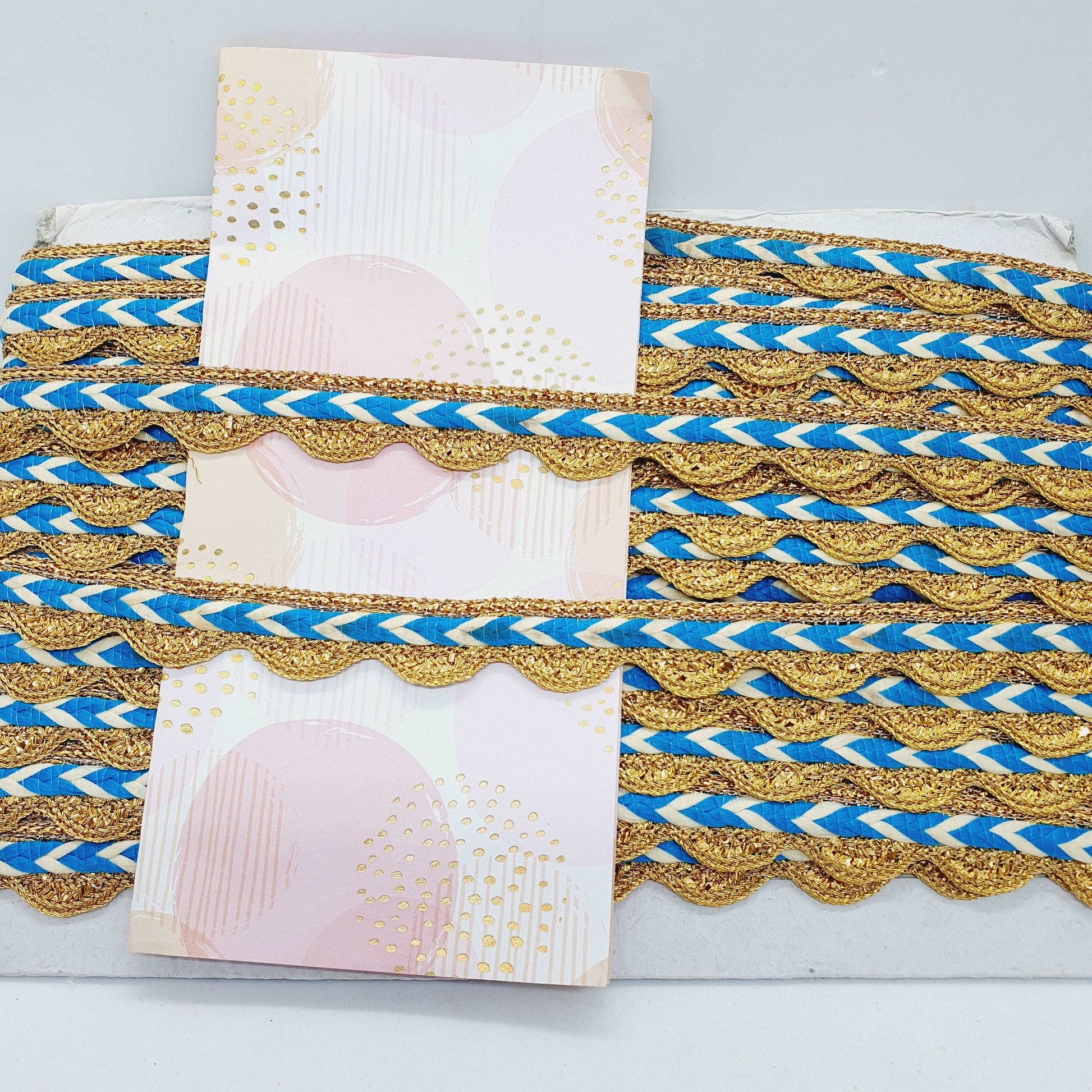 15mm turquoise blue & metallic gold braid embroidered ribbon trimming