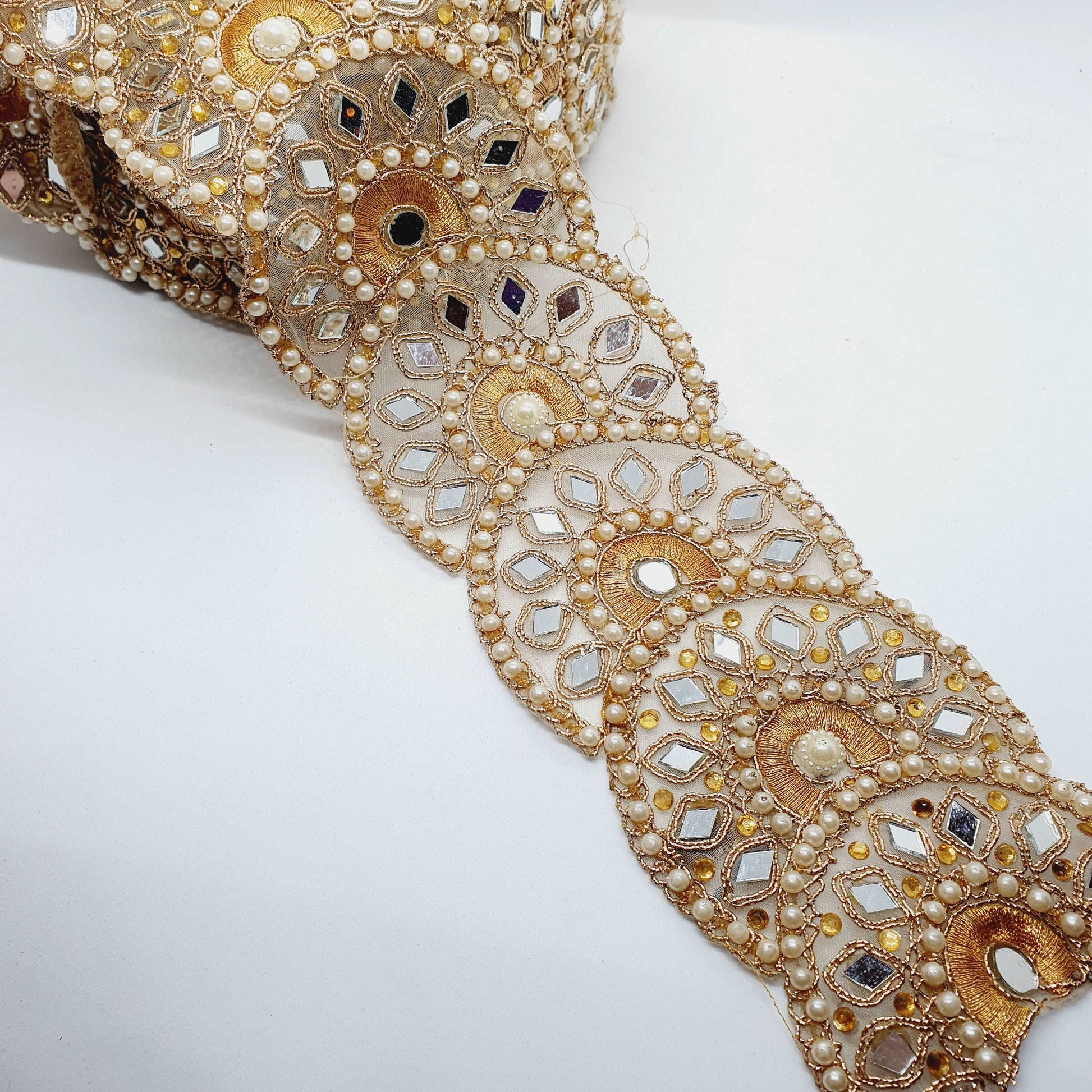 1m 7.5cm Metallic gold lace applique with crystals, pearls and mirror