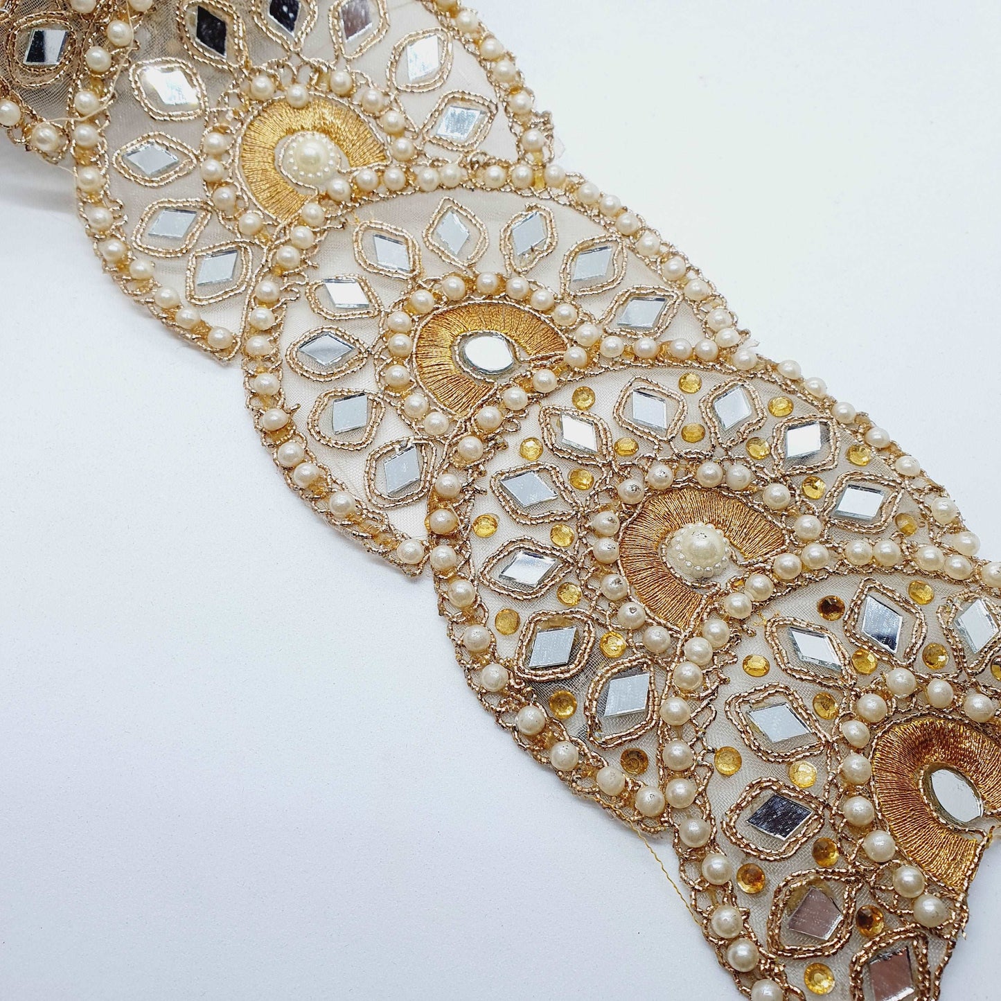 1m 7.5cm Metallic gold lace applique with crystals, pearls and mirror