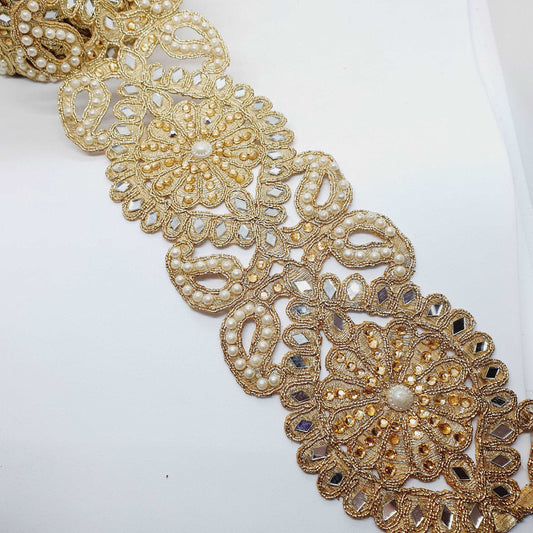 1m 7.5cm Metallic gold lace applique with crystals, pearls and mirror