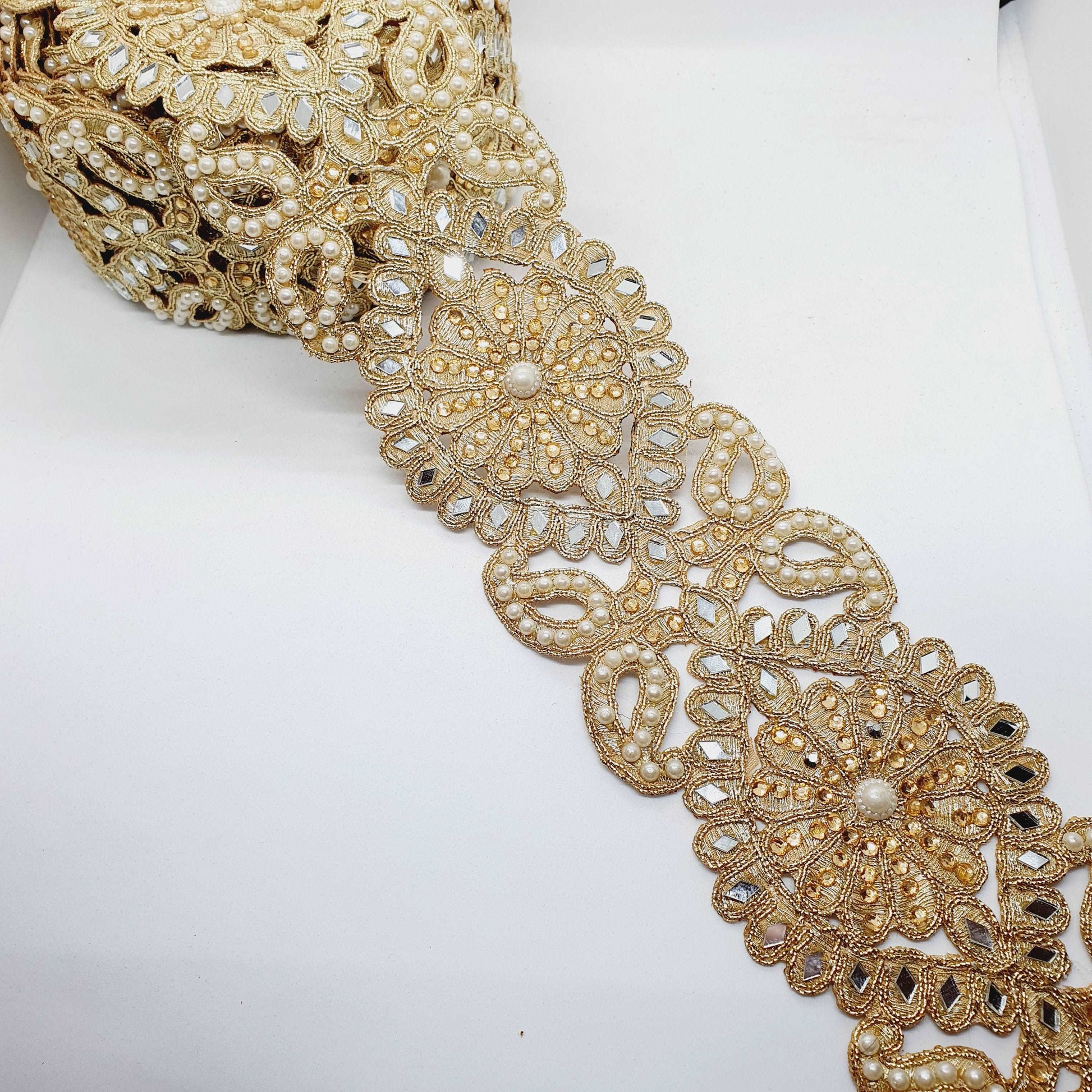 1m 7.5cm Metallic gold lace applique with crystals, pearls and mirror