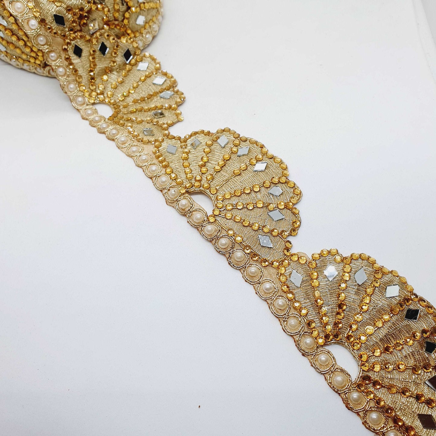 1m 7cm Metallic gold lace applique with crystals, pearls and mirror