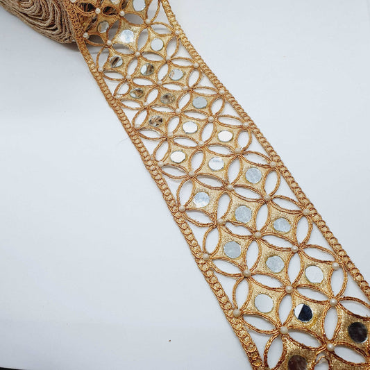 1m 7cm Metallic deep gold lace applique with pearls and mirror