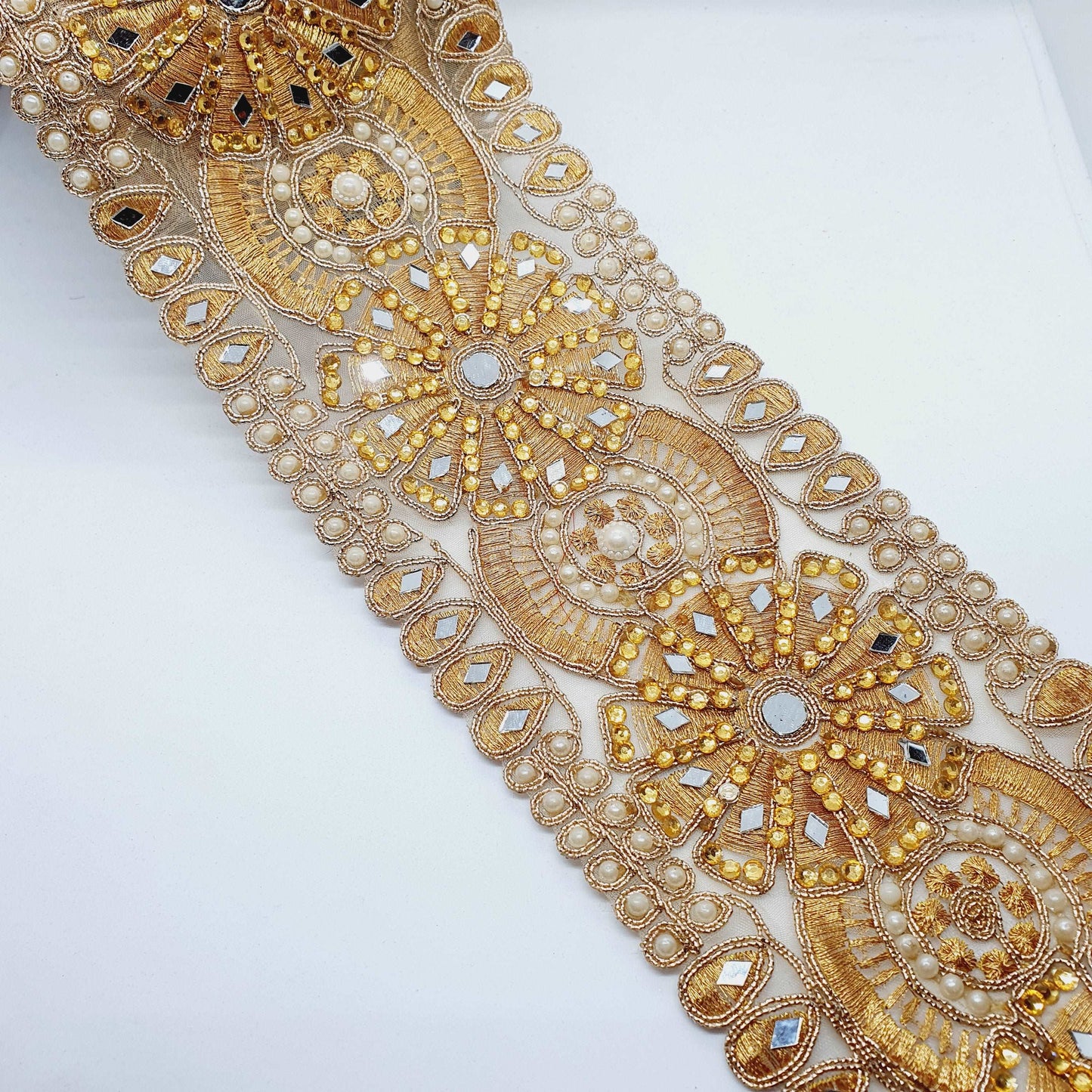 1m 10cm Metallic deep gold flower lace applique with crystals, mirror and pearl