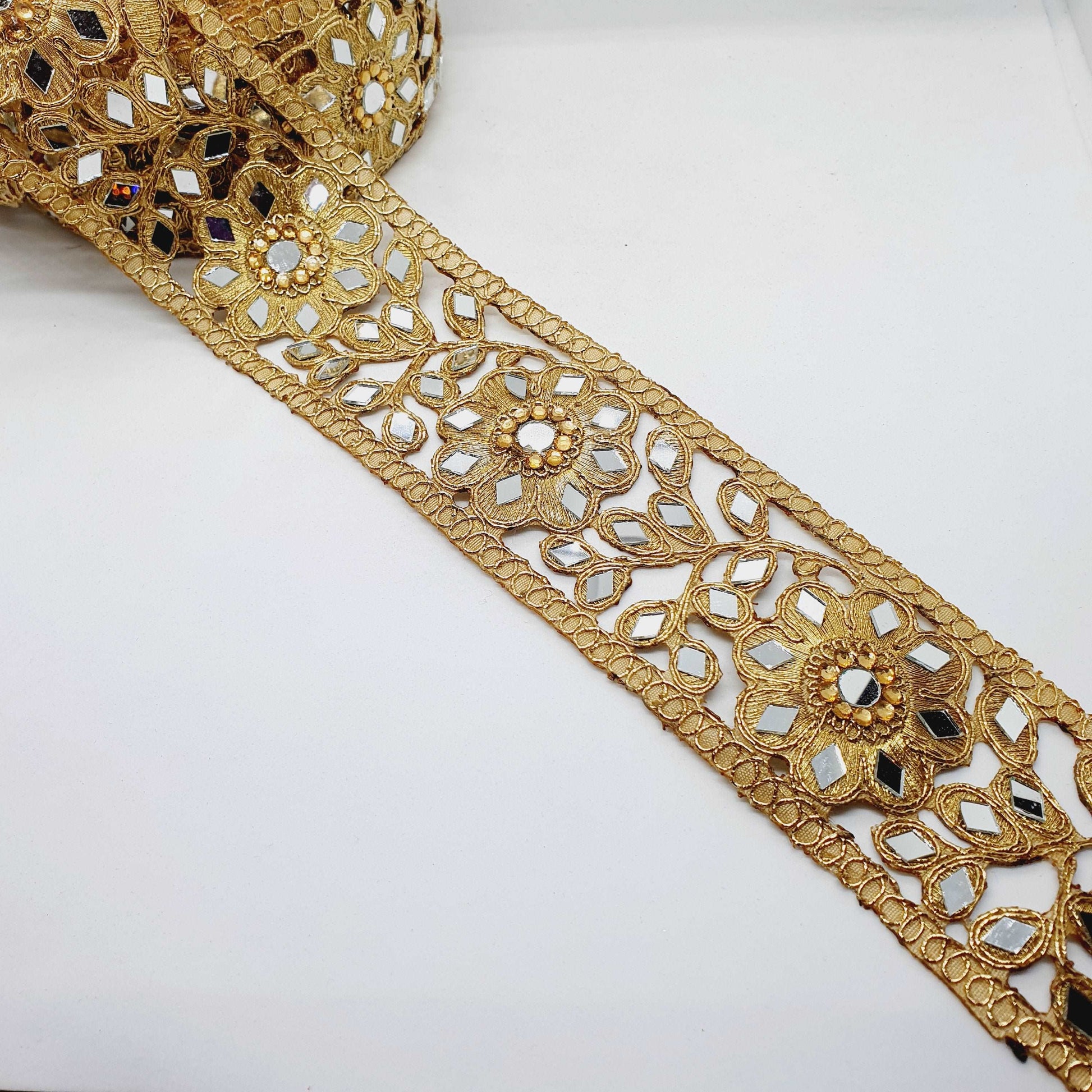 1m 5.5cm Metallic deep gold lace applique with crystals and mirror