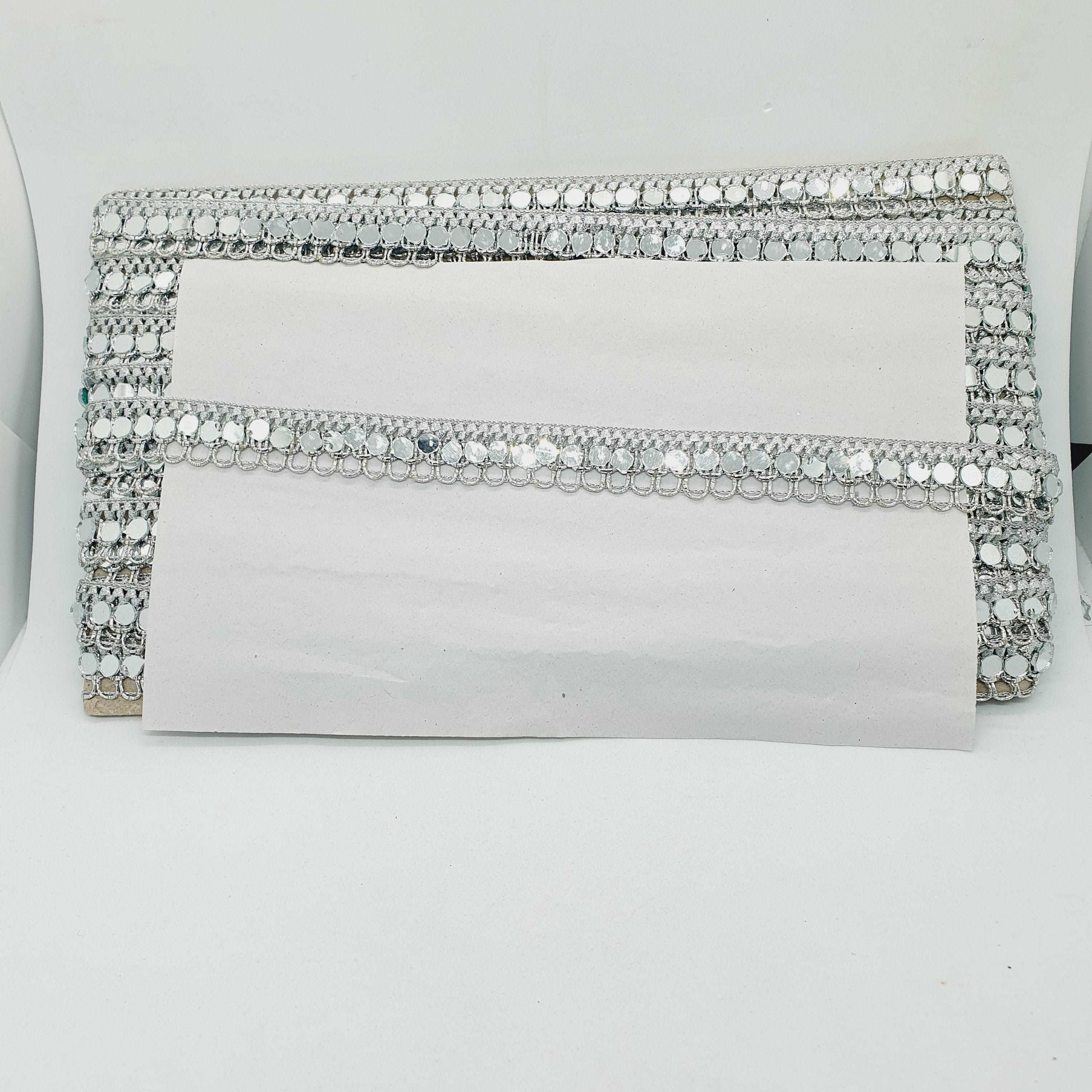 1m 18mm metallic silver mirror Indian embellished lace ribbon braid