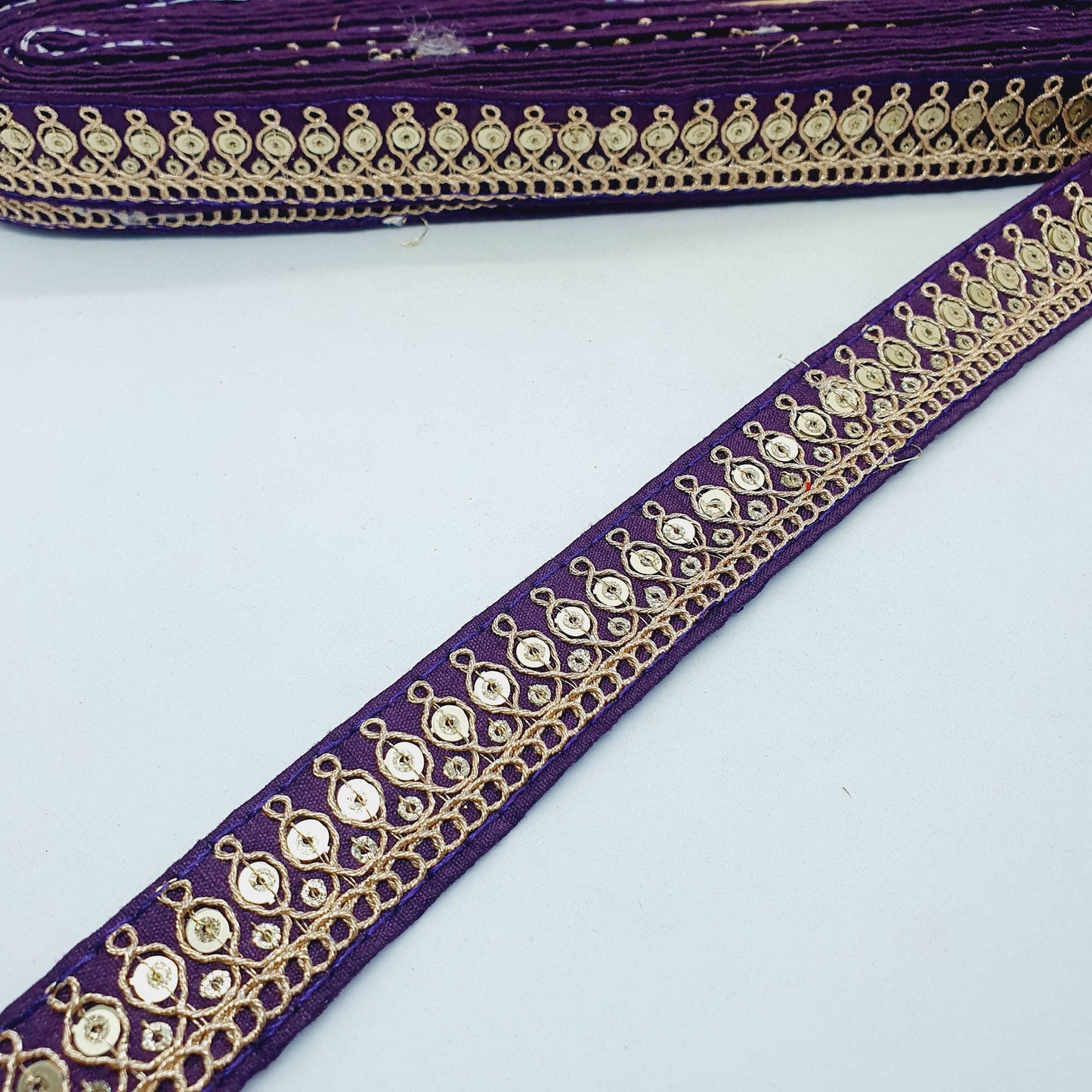 1m purple sequin embroidered taffeta Indian ribbon 25mm