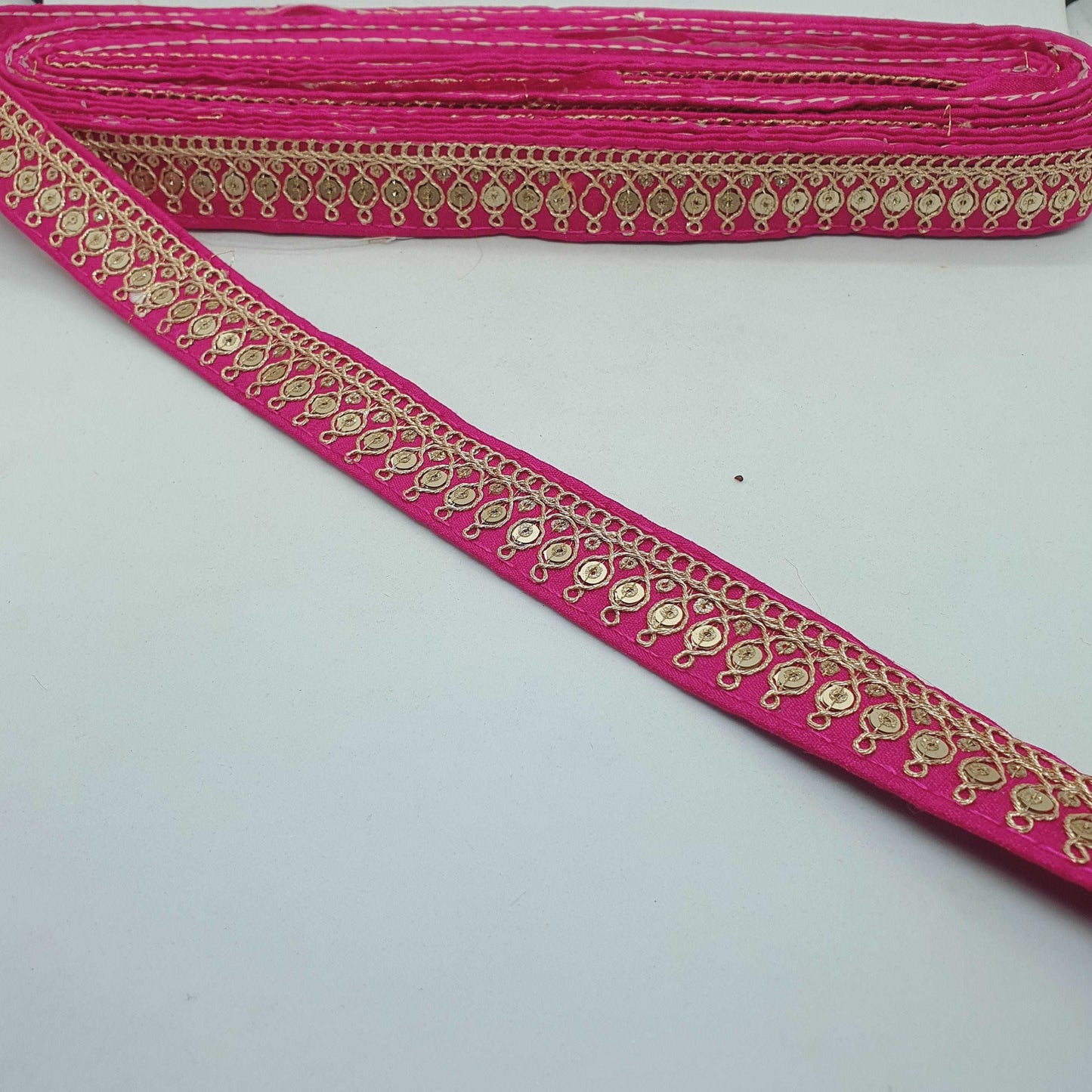 1m cerise pink sequin embroidered taffeta Indian ribbon 25mm