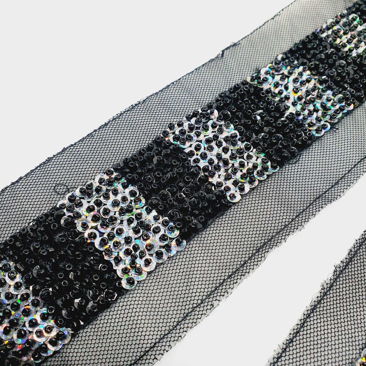 1m black & silver hologram sequin and bead braid net trimming ribbon 70mm