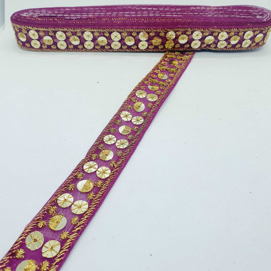 1m purple gold sequin embroidered taffeta Indian ribbon 30mm