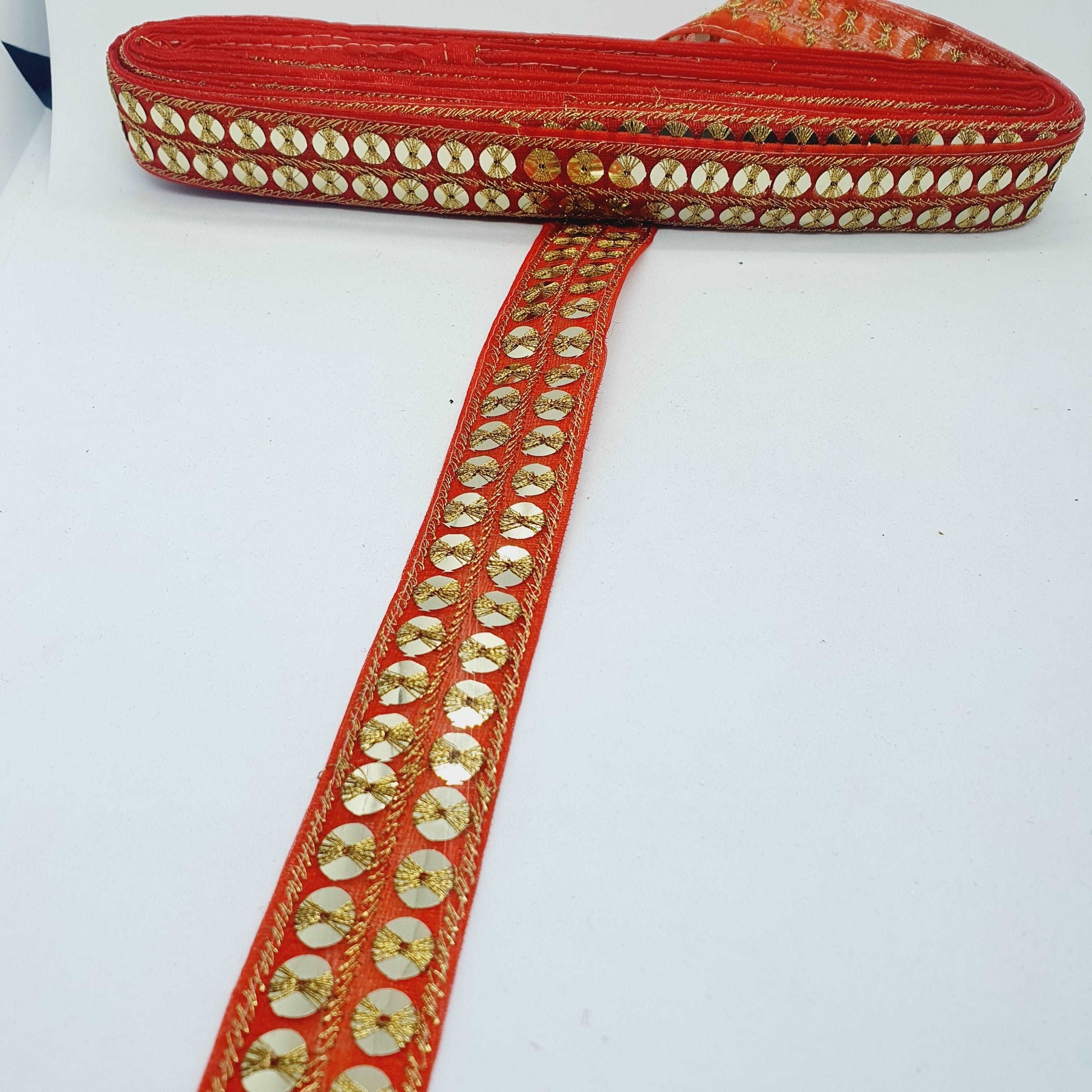 1m red gold sequin embroidered taffeta Indian ribbon 30mm